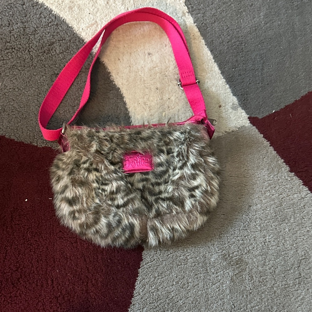 Justice Pink Strap and Brown Faux Fur Crossbody Bag